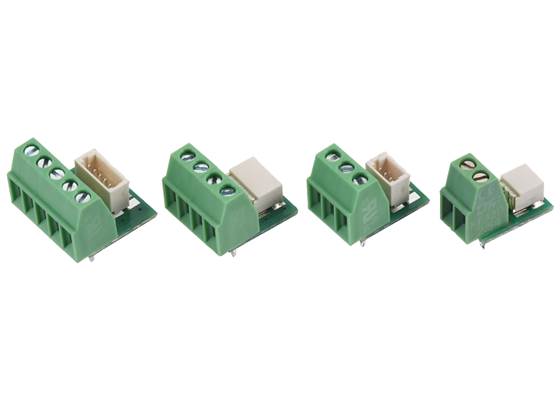 Breakout boards for JST SH-Style Connectors with 0.1″ pitch screw terminal blocks.