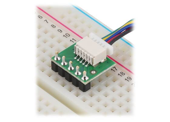 Breakout for JST SH-Style Connector, 5-Pin Male Side-Entry in a breadboard.