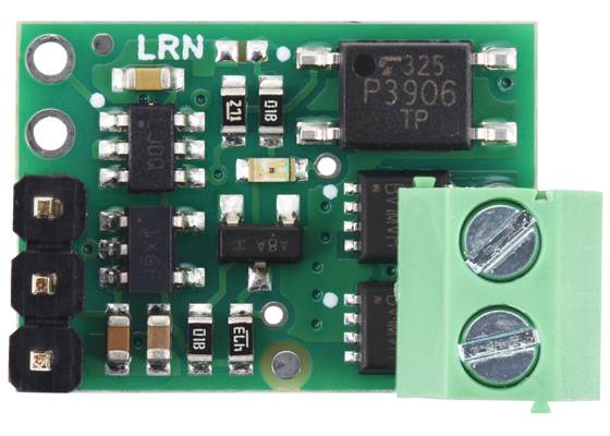 Pololu RC Switch with Isolated Solid State Relay/Switch, SPST, 60V, 6A (Soldered Connectors), top view.