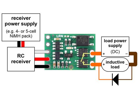 Typical wiring diagram for the Pololu RC Switch with Isolated Solid State Relay/Switch, SPST when using a DC load supply with an inductive load.