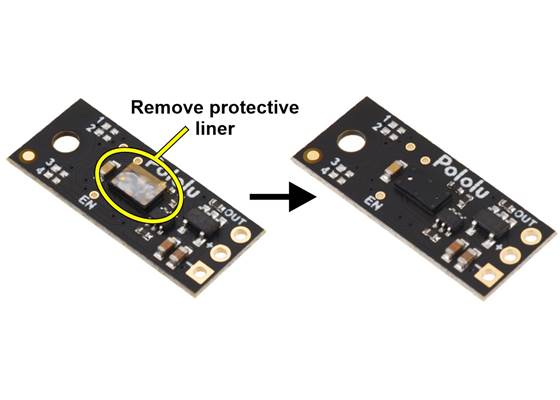 The Pololu Digital Distance Sensor might ship with a protective liner covering the sensor IC that must be removed before use.