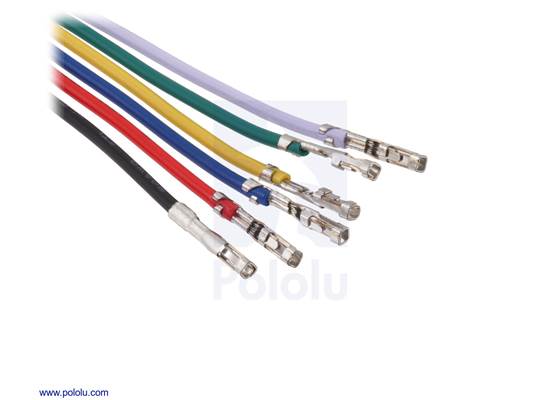Crimped ends of the 6-pin JST PH-Style Cable with Female Pins for 0.1" Housings.