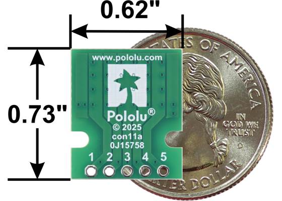 Breakout for JST PH-Style Connector, 5-Pin, bottom view with US quarter for size reference.