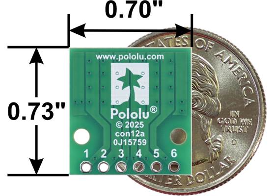 Breakout for JST PH-Style Connector, 6-Pin, bottom view with US quarter for size reference.