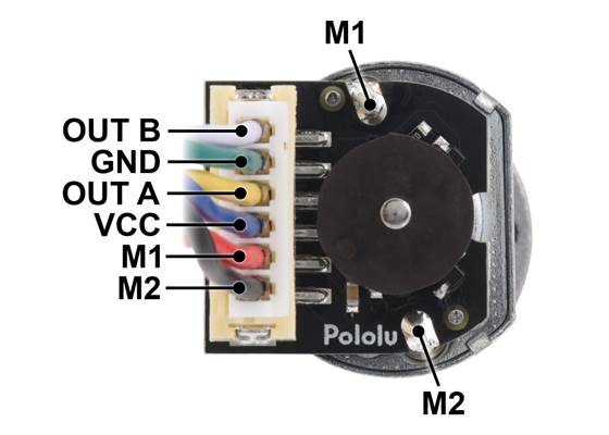 Pinout of the Magnetic Encoder with Top-Entry Connector for 20D mm Metal Gearmotors (JST PH cable not included).