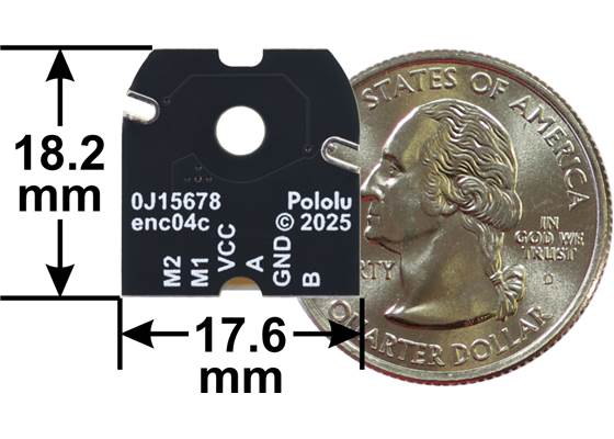 Magnetic Encoder with Top-Entry Connector for 20D mm Metal Gearmotors, motor-side view with dimensions and US quarter for size reference.
