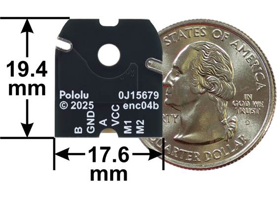 Magnetic Encoder with Side-Entry Connector for 20D mm Metal Gearmotors, motor-side view with dimensions and US quarter for size reference.