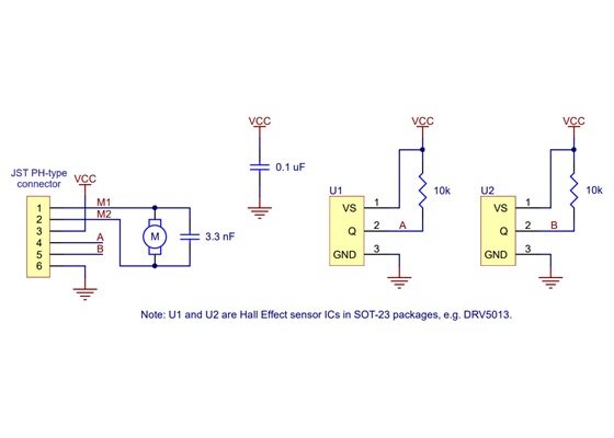 Schematic diagram of the Magnetic Encoder Kit with Top- or Side-Entry Connectors for 20D&nbsp;mm Metal Gearmotors.