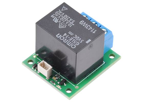 Pololu Basic SPDT Relay Carrier with 5VDC Relay, Terminal Blocks, and JST SH-Style Top-Entry Connector.