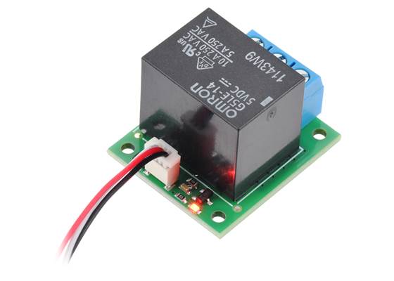 Pololu Basic SPDT Relay Carrier with 5VDC Relay, Terminal Blocks, and JST SH-Style Top-Entry Connector (JST SH cable not included).