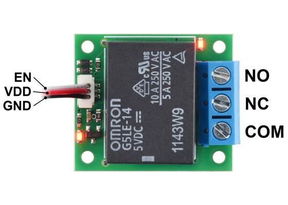 Pinout of the Pololu Basic SPDT Relay Carrier with 5VDC Relay, Terminal Blocks, and JST SH-Style Top-Entry Connector (JST SH cable not included).