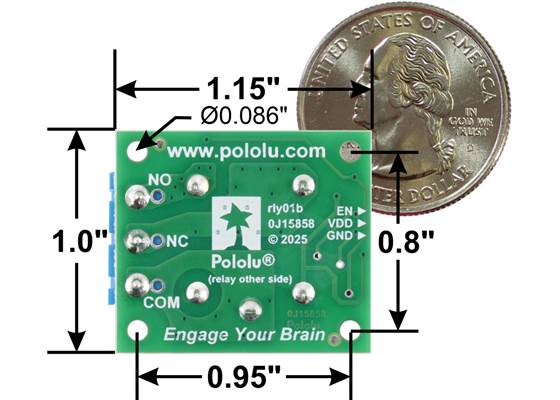 Pololu Basic SPDT Relay Carrier with Relay, Terminal Blocks, and JST SH-Style Top-Entry Connector, bottom view with basic dimensions and a US quarter for size reference.