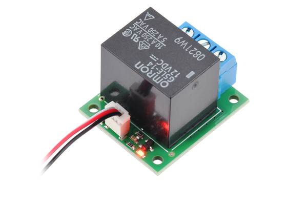 Pololu Basic SPDT Relay Carrier with 12VDC Relay, Terminal Blocks, and JST SH-Style Top-Entry Connector (JST SH cable not included).