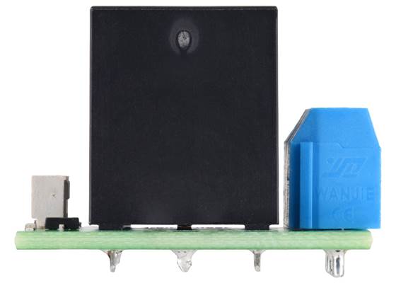 Side view of the Pololu Basic SPDT Relay Carrier with Relay, Terminal Blocks, and JST SH-Style Top-Entry Connector.