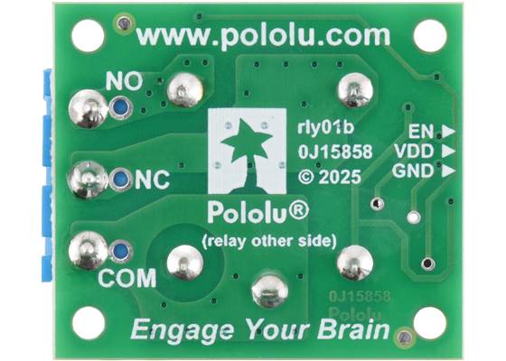Bottom view of the Pololu Basic SPDT Relay Carrier with Relay, Terminal Blocks, and JST SH-Style Top-Entry Connector.