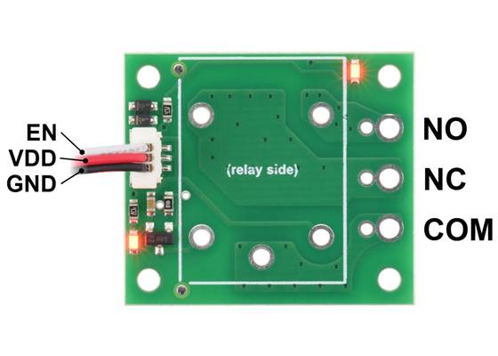 Pinout of the Pololu Basic SPDT Relay Carrier for “Sugar Cube” Relays with JST SH-Style Top-Entry Connector (JST SH cable not included).