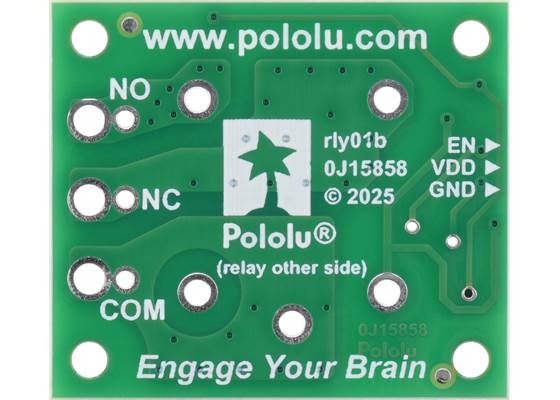 Bottom view of the Pololu Basic SPDT Relay Carrier for “Sugar Cube” Relays with JST SH-Style Top-Entry Connector.