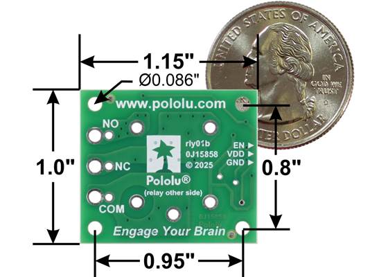 Pololu Basic SPDT Relay Carrier for “Sugar Cube” Relays with JST SH-Style Top-Entry Connector, bottom view with basic dimensions and a US quarter for size reference.