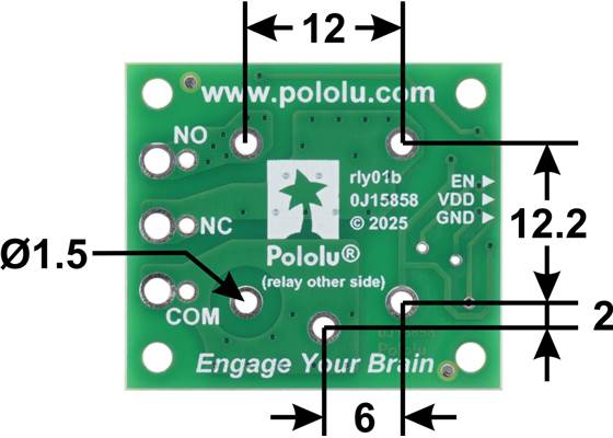 Dimensions (in mm) of “sugar cube” relay footprint on the Pololu basic SPDT relay carrier.