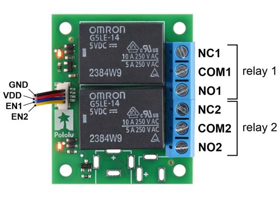 Pinout of the Pololu Basic 2-Channel SPDT Relay Carrier with 5VDC Relays, Terminal Blocks, and JST SH-Style Top-Entry Connector (JST SH cable not included).