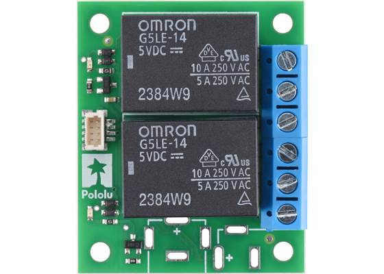 Top view of the Pololu Basic 2-Channel SPDT Relay Carrier with 5VDC Relays, Terminal Blocks, and JST SH-Style Top-Entry Connector.