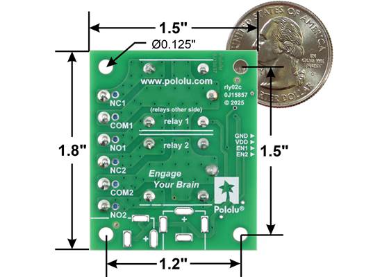 Pololu Basic 2-Channel SPDT Relay Carrier with Relays, Terminal Blocks, and JST SH-Style Top-Entry Connector, bottom view with basic dimensions and a US quarter for size reference.