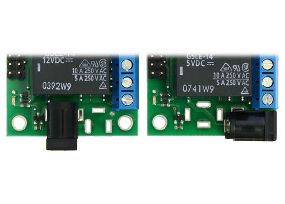 A DC barrel jack can optionally be added in two possible orientations to supply power to the Pololu basic 2-channel SPDT relay carrier.