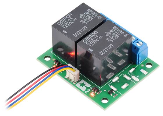 Pololu Basic 2-Channel SPDT Relay Carrier with 12VDC Relays, Terminal Blocks, and JST SH-Style Top-Entry Connector (JST SH cable not included).
