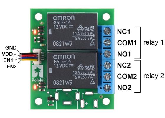 Pinout of the Pololu Basic 2-Channel SPDT Relay Carrier with 12VDC Relays, Terminal Blocks, and JST SH-Style Top-Entry Connector (JST SH cable not included).