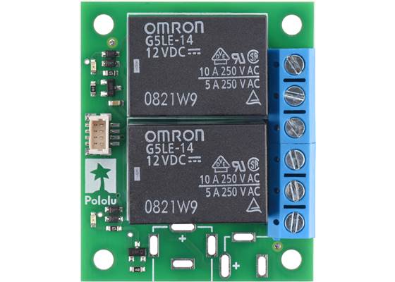 Top view of the Pololu Basic 2-Channel SPDT Relay Carrier with 12VDC Relays, Terminal Blocks, and JST SH-Style Top-Entry Connector.