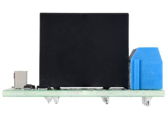 Side view of the Pololu Basic 2-Channel SPDT Relay Carrier with Relays, Terminal Blocks, and JST SH-Style Top-Entry Connector.