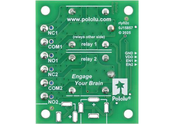 Bottom view of the Pololu Basic 2-Channel SPDT Relay Carrier with Relays, Terminal Blocks, and JST SH-Style Top-Entry Connector.