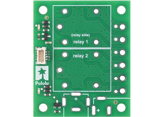 Top view of the Pololu Basic 2-Channel SPDT Relay Carrier for “Sugar Cube” Relays with JST SH-Style Top-Entry Connector.