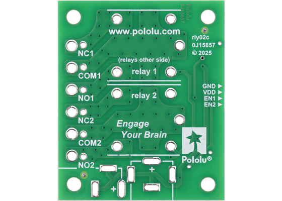 Bottom view of the Pololu Basic 2-Channel SPDT Relay Carrier for “Sugar Cube” Relays with JST SH-Style Top-Entry Connector.