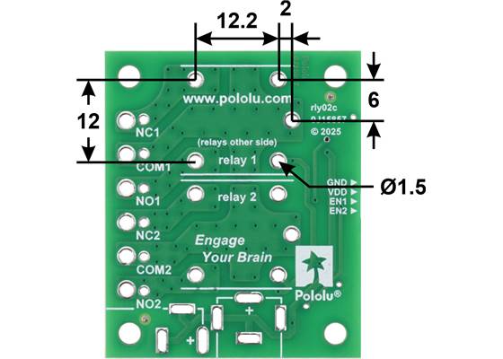Dimensions (in mm) of “sugar cube” relay footprint on the Pololu basic 2-channel SPDT relay carrier.