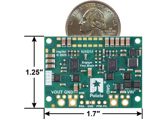 Basic dimensions of the Step-Down Voltage Regulator D42V110Fx with US quarter for size reference.