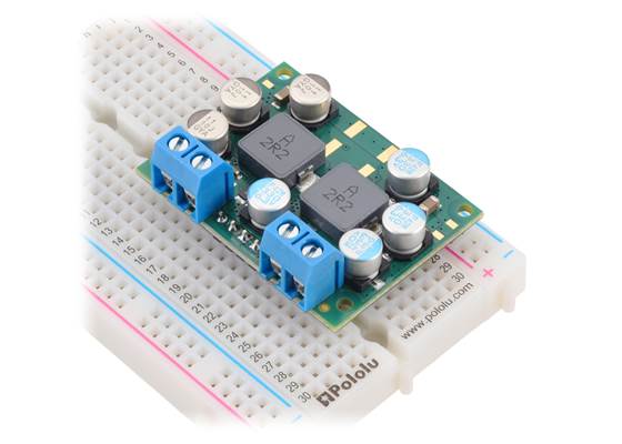 Step-Down Voltage Regulator D42V110Fx in a breadboard, assembled with 5mm-pitch terminal blocks and 0.1″-pitch male headers (not included).