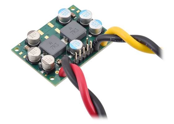 Step-Down Voltage Regulator D42V110Fx assembled with 0.1″-pitch male headers and 14&nbsp;AWG wires (not included).