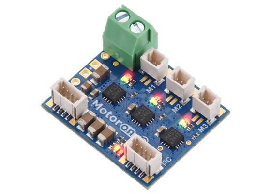 Motoron M3T453 Triple I²C Motor Controller with JST SH-Style Connectors and VIN Terminal Block.