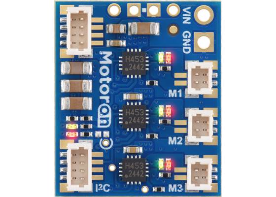 Motoron M3T453 Triple I²C Motor Controller with JST SH-Style Connectors (No VIN Connector), top view.
