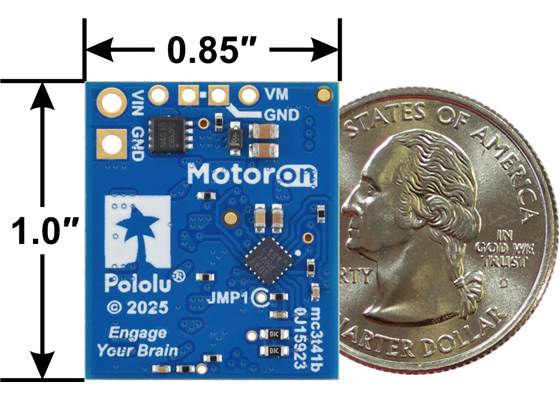 Motoron M3T453 Triple I²C Motor Controller with JST SH-Style Connectors, bottom view with basic dimensions and a US quarter for size reference.