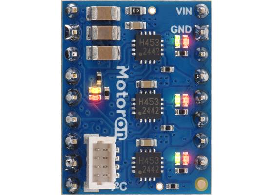 Motoron M3T453 Triple I²C Motor Controller with Soldered Headers, top view.