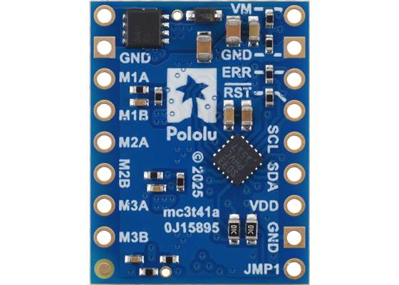 Motoron M3T453 Triple I²C Motor Controller with 0.1″-Pitch Through-Holes, bottom view.