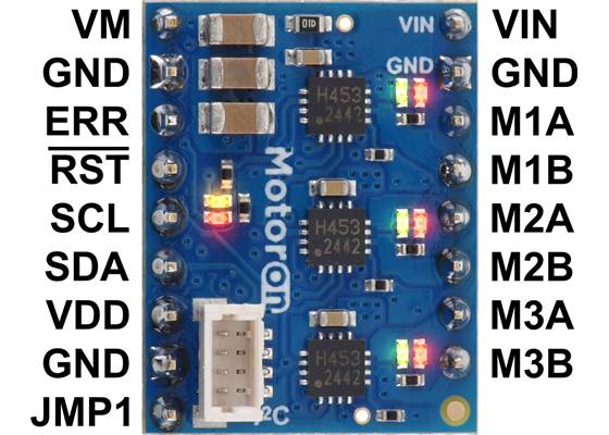 Pinout of the Motoron M3T453 Triple I²C Motor Controller with Soldered Headers.