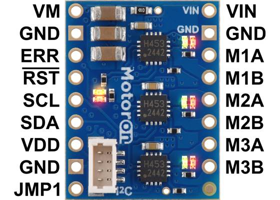 Pinout of the Motoron M3T453 Triple I²C Motor Controller with 0.1″-Pitch Through-Holes.