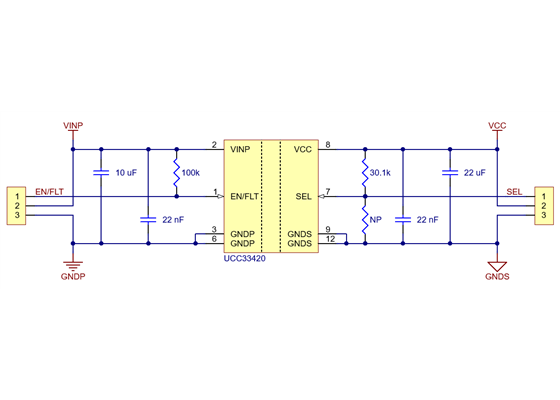 Schematic diagram of the Isolated DC-DC Power Module, UCC33420, 5V/5.5V, 300mA.