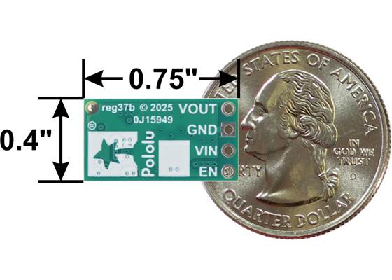APM81815 Step-Down Voltage Regulator Carrier, bottom view with basic dimensions and a US quarter for size reference.