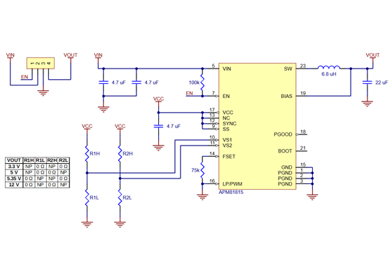 Schematic diagram of the APM81815 Step-Down Voltage Regulator Carrier.