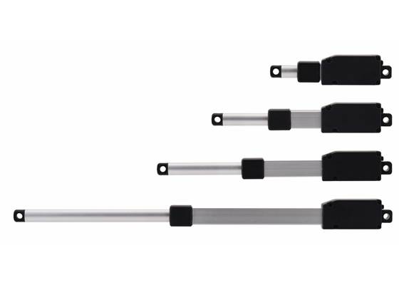 Glideforce GF01 Micro Linear Actuators, fully extended; stroke lengths from top to bottom: 10mm, 30mm, 50mm, and 100mm.