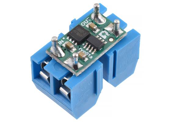 Pololu 10A/12A Reverse Voltage Protector soldered to a pair of two-pin, 5mm-pitch screw terminal blocks (not included).